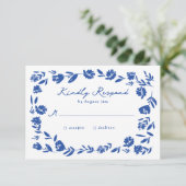 青い手お洒落描き縁どの結婚花 出欠カード (スタンド正面)