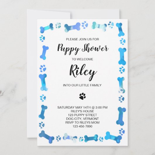 青い手が新しいペット犬の子犬のシャワーを印刷 招待状 (裏面)