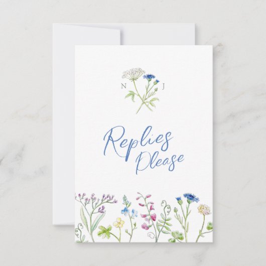青い手のワイルドフラワーの水色RSVP 結婚's 出欠カード (正面)