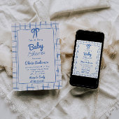 青い手を引き弓ギンガムボーイ赤ちゃんシャワー 招待状