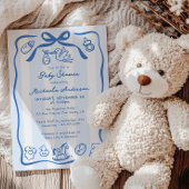 青い手を描いた男の子お洒落の赤ちゃんシャワー 招待状