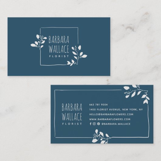 青い手エレガント描きフローラ枠ミニマリスト 名刺 (正面/裏面)