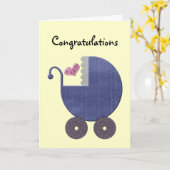 青い手押車の芸術のお祝いの新生児の男の子 カード (黄色い花)