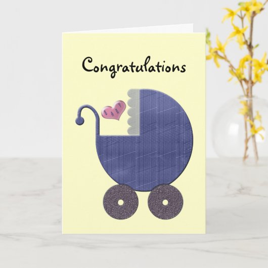 青い手押車の芸術のお祝いの新生児の男の子 カード (黄色い花)