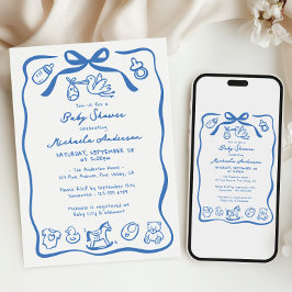 青い手描きの落書きの不思議な少年ベイビーシャワー 招待状