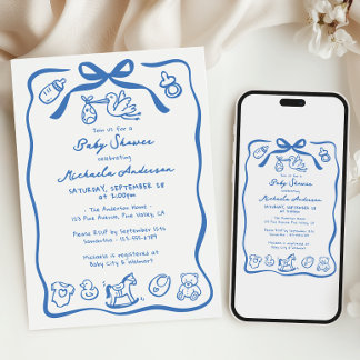 青い手描きの落書きの不思議な少年ベイビーシャワー 招待状