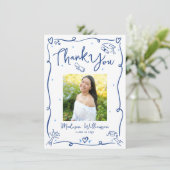 青い手描きの落書きの写真　卒業　白　レトロ サンキューカード (スタンド正面)