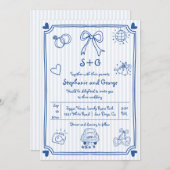 青い手描きの落書き、ストライプのウェディング 招待状 (正面/裏面)