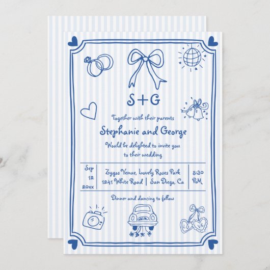 青い手描きの落書き、ストライプのウェディング 招待状 (正面/裏面)