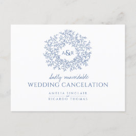 青い手描きの葉のモノグラム結婚式キャンセルカード 案内ポストカード