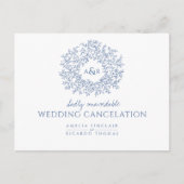 青い手描きの葉のモノグラム結婚式キャンセルカード 案内ポストカード (正面)