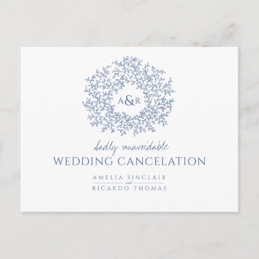 青い手描きの葉のモノグラム結婚式キャンセルカード 案内ポストカード (正面)
