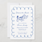 青い手描きの遊び心あふれるケーキと紅茶のブライダルシャワー 招待状 (正面)
