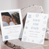 青い手描き沿岸結婚式の日付を保存 招待状