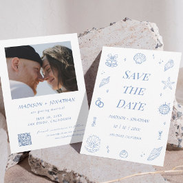 青い手描き沿岸結婚式の日付を保存 招待状