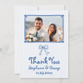 青い手書きお洒落の結婚写真 サンキューカード (正面)