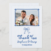 青い手書きお洒落の結婚写真 サンキューカード (正面/裏面)