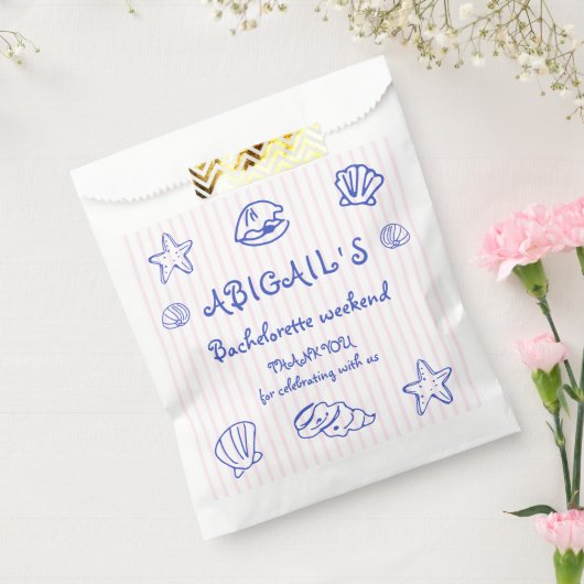 青い手書きの落書き貝殻のバチェロレッテ フェイバーバッグ (封をした状態)