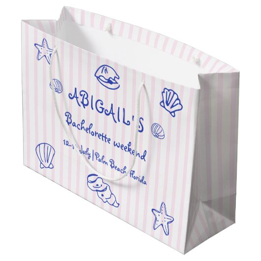 青い手書きの落書き貝殻のバチェロレッテ ラージペーパーバッグ (裏面アングル)