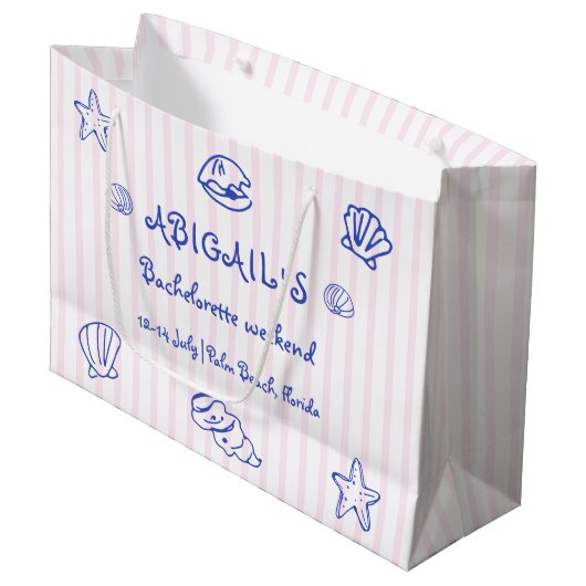青い手書きの落書き貝殻のバチェロレッテ ラージペーパーバッグ (正面アングル)