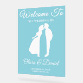 青い手書きスクリプト冬の結婚式へようこそ アクリルサイン (傾斜)