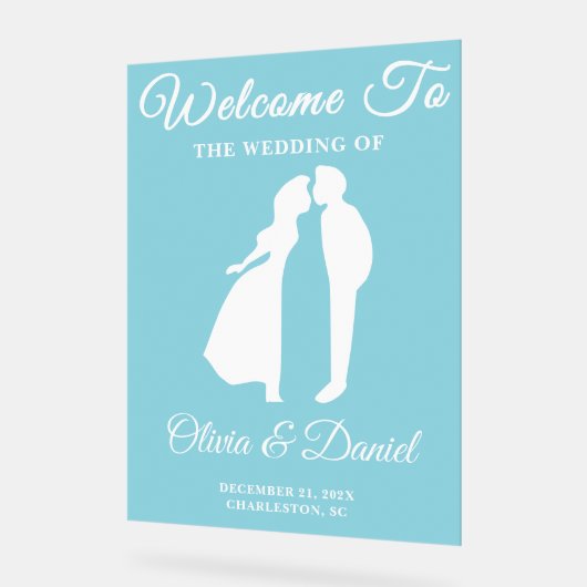 青い手書きスクリプト冬の結婚式へようこそ アクリルサイン (傾斜)