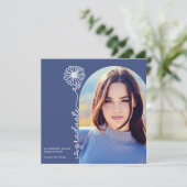 青い手書きフローラ写真の卒業 招待状 (スタンド正面)