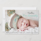 青い手書き写真ベビー誕生の発表 案内状 (正面)