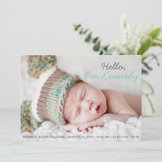 青い手書き写真ベビー誕生の発表 案内状 (スタンド正面)