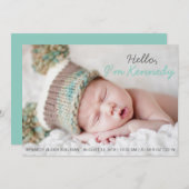 青い手書き写真ベビー誕生の発表 案内状 (正面/裏面)