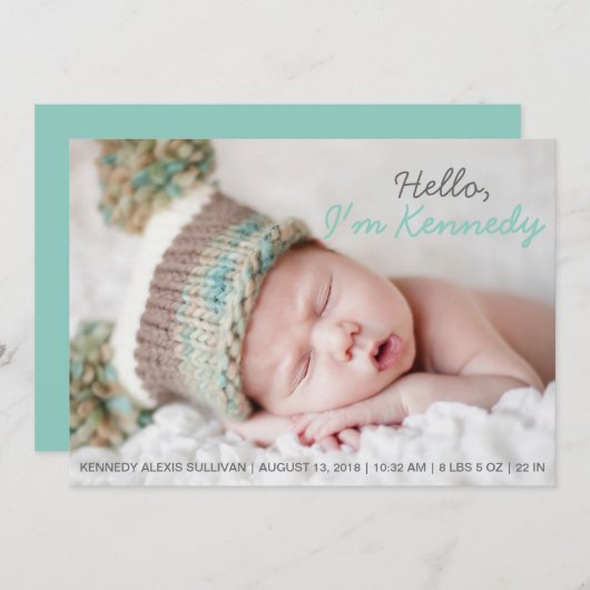 青い手書き写真ベビー誕生の発表 案内状 (正面/裏面)