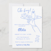 青い手書き手書き手書きお洒落ベビーシャワー 招待状 (正面)