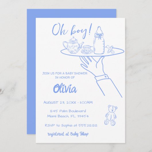 青い手書き手書き手書きお洒落ベビーシャワー 招待状 (正面/裏面)