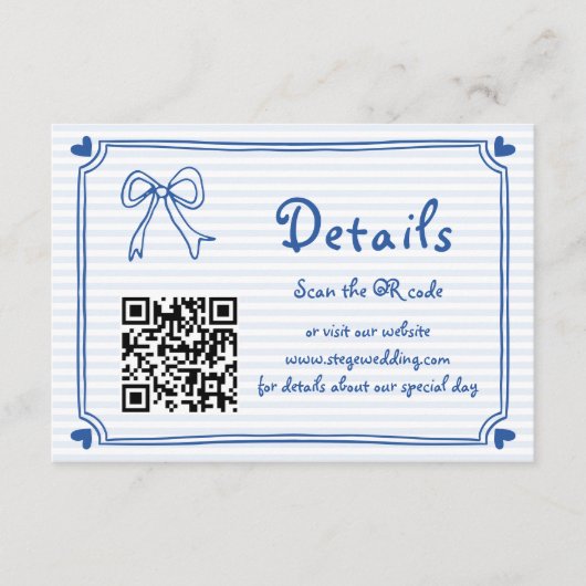 青い手書き文字ストライプ書き結婚の囲い エンクロージャーカード (正面)