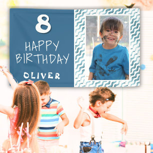 青い抽象的な波の少年写真 お誕生日おめでとう 横断幕