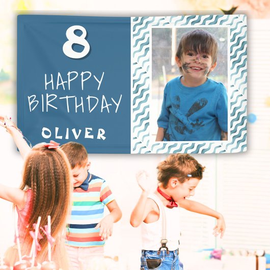 青い抽象的な波の少年写真 お誕生日おめでとう 横断幕