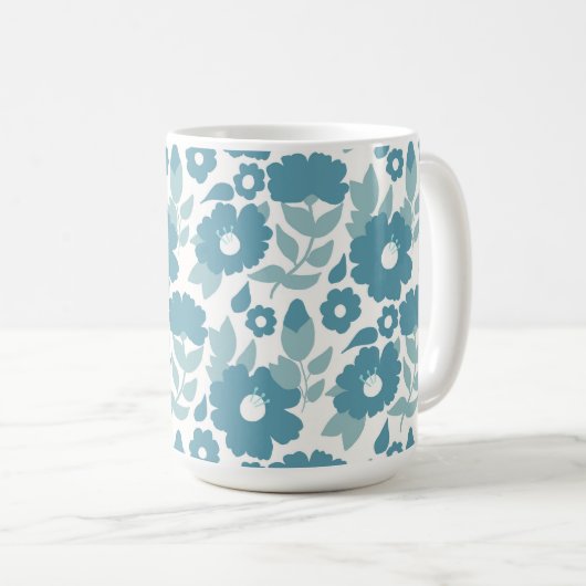青い抽象的な花の包装紙 コーヒーマグカップ (正面右)