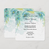 青い抽象的な花の結婚式 招待状 (正面/裏面)