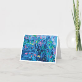 青い抽象的な花の絵 サンキューカード