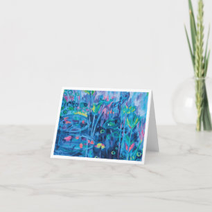 青い抽象的な花の絵 サンキューカード