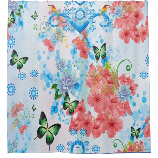 青い抽象芸術とサケの花を混ぜる シャワーカーテン (正面)