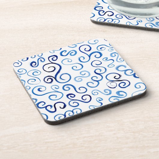 青い抽象芸術絵を描曲線パターン コースター (左側)