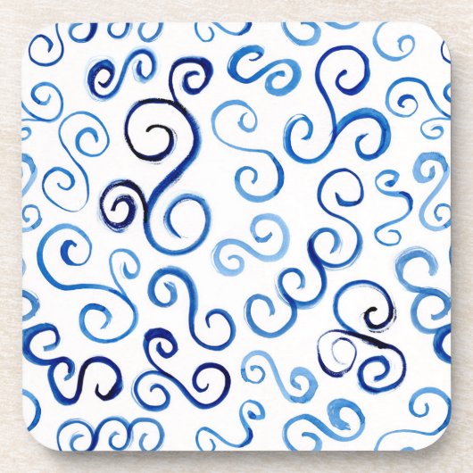 青い抽象芸術絵を描曲線パターン コースター (正面)