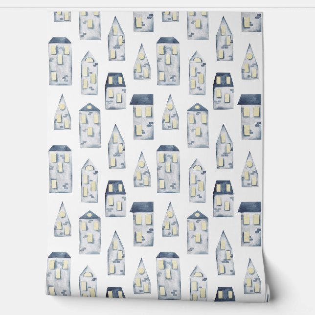 青い抽象芸術線ハウスパターン 壁紙 (ほどく)