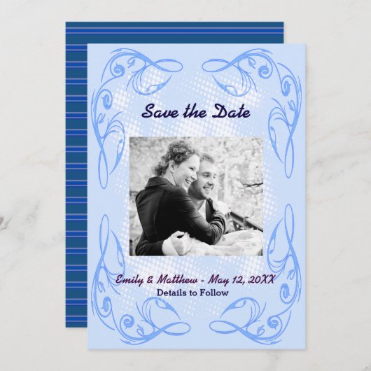 青い抽象芸術縁ど旋回日付フラットカードの保存 セーブザデート (正面/裏面)