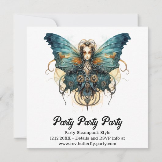 青い提督蝶の蒸気パンクのウェディング 案内状 (正面)
