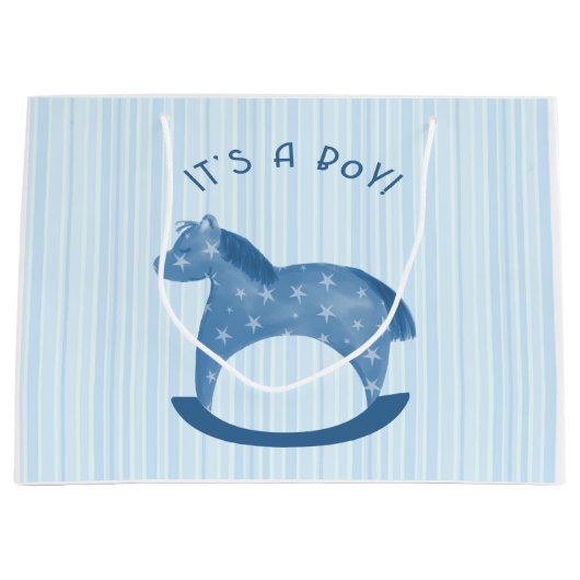 青い揺り木馬"それは男の子"のギフトバッグです ラージペーパーバッグ (正面)