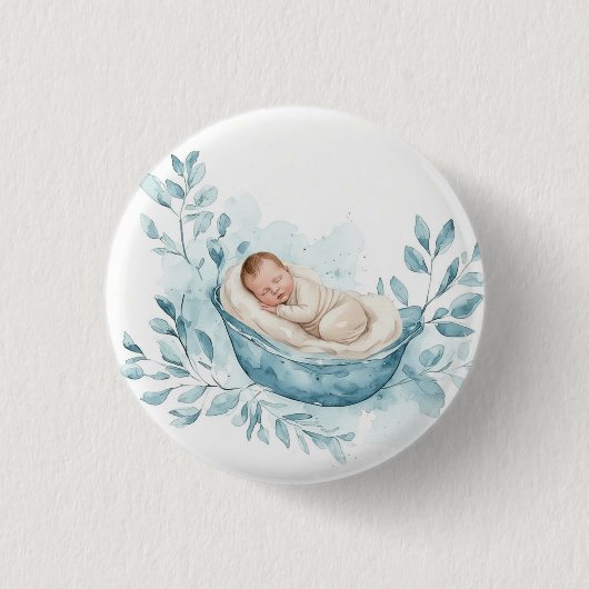 青い揺籃で眠る赤ちゃん 缶バッジ (正面)