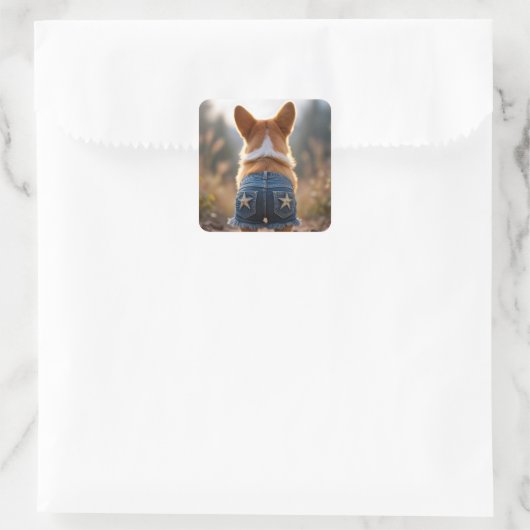 青い擦り切れたデニムパンツを履いたコルギドッグ スクエアシール (バッグ)