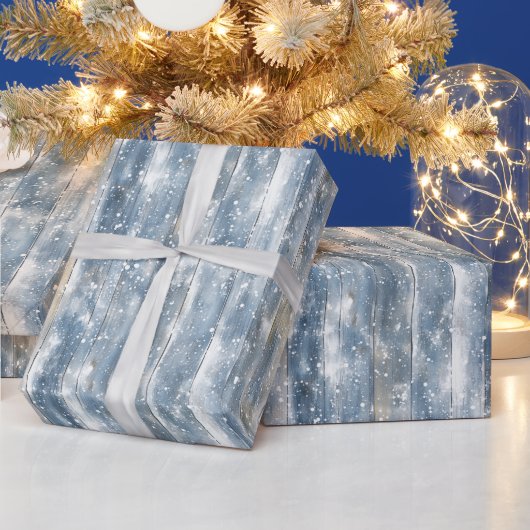 青い擬似木材の雪のクリスマス ラッピングペーパー (クリスマス)
